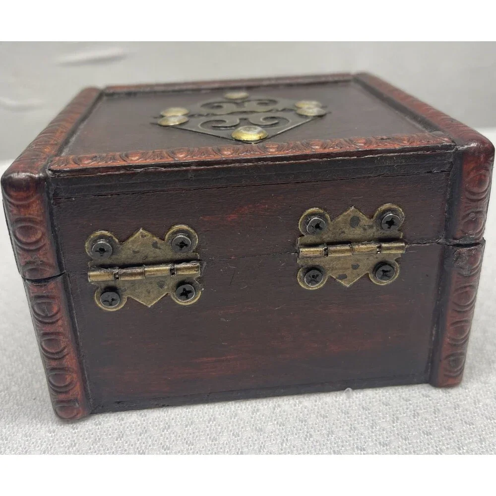 Handmade Chinese Wooden Jewelry Box Ornate Metal Fittings 4.5
